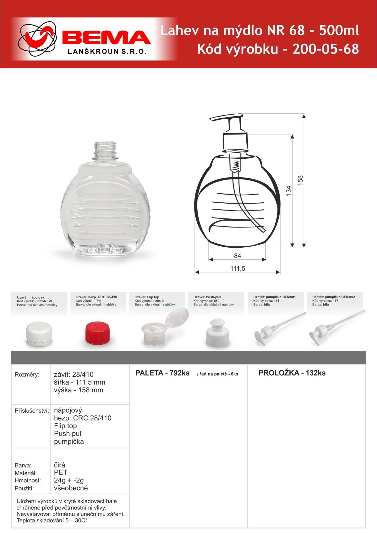 200-05-68 Lahev na mýdlo NR 68 500ml čirá